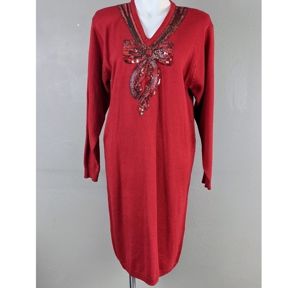 VTG Red V Neck Sequin Bow Knit Long Sleeve Midi Dress - Picture 1 of 9